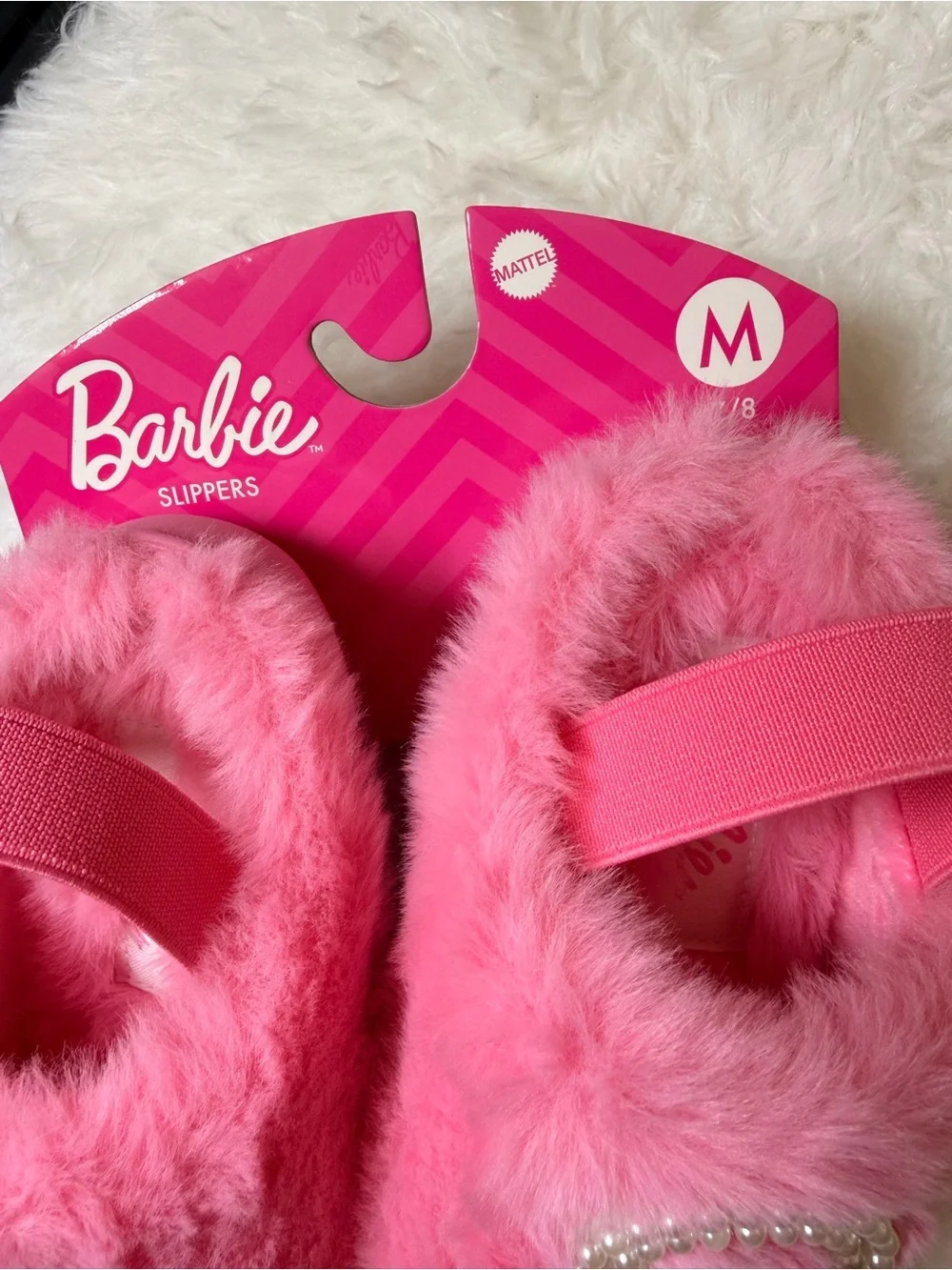 Girls Pink Faux-Fur Pearl Embellished Slip-On Slippers